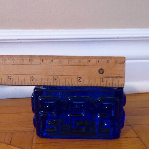 Vintage 60s Scandinavian square candle holde heavy blue glass Rihimaki "Talari" - Picture 8 of 8